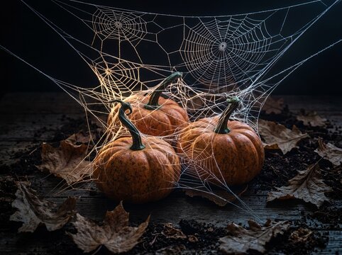 Three orange pumpkins resting on a dark wooden surface surrounded by dried autumn leaves and intricate, glowing spiderwebs illuminated with dramatic lighting for Halloween.