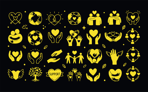 Yellow hand drawn icons representing support care and community on black background.