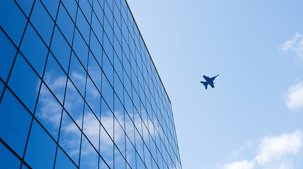 Fototapeta premium Modern glass skyscraper facade reflecting blue sky with clouds while a military jet airplane flies high above in urban cityscape backdrop