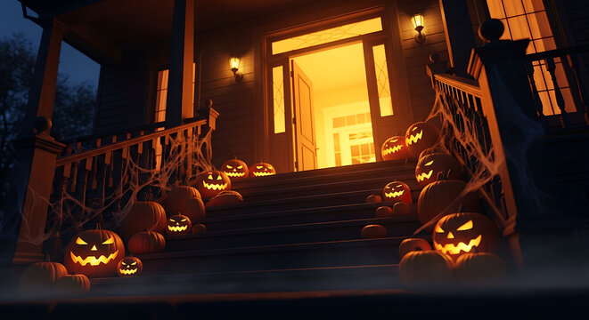 Jack-o'-lanterns lining stairs during a spooky halloween night with warm inviting light from the doorway