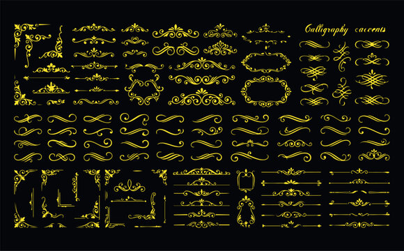 Yellow elegant calligraphy accents and decorative borders for vintage design elements.