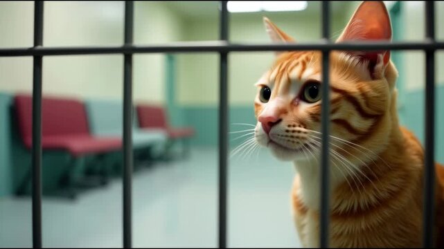 A curious cat peeks out of a cage, offering a glimpse into its confined space