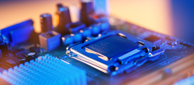 Computer processor on motherboard closeup with blue and warm lighting