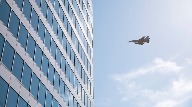 A military jet fighter flies past a modern skyscraper with glass windows under a bright blue sky with light clouds, representing power and speed
