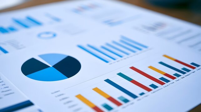 Professional business report with colorful charts and graphs on a clean white background for data analysis and presentation