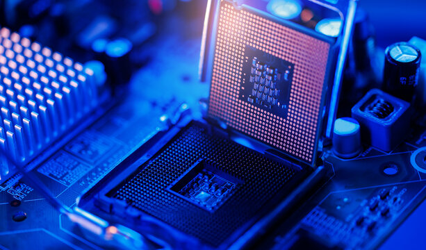 Computer cpu chip being installed on motherboard closeup with neon blue lighting for technology data center AI
