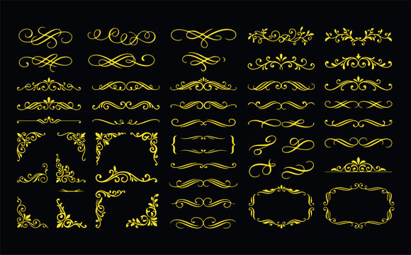 Assortment of decorative yellow dividers, corners, and frames for elegant design.