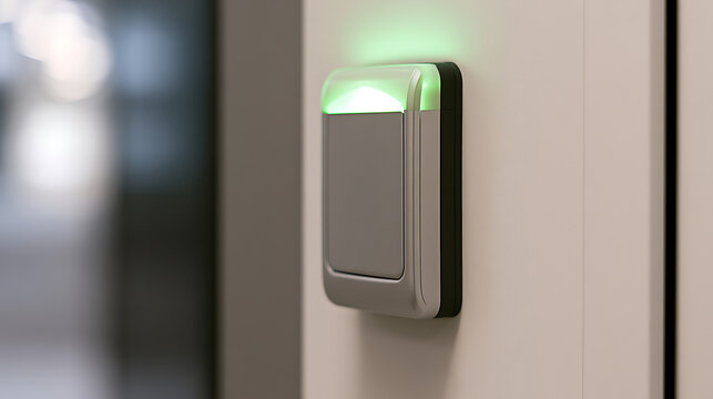 Access control card reader device mounted on a white wall with a bright green status light indicating permission grant in office building