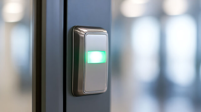 Modern electronic access control button with green glowing light mounted on office door frame for secure entry and exit facility system