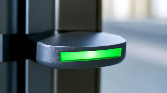 Close-up of a modern automatic door sensor with a bright green light indicator showing safe pass status in an office building interior