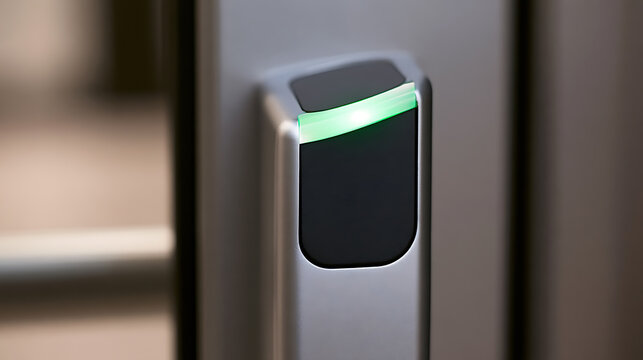Modern electronic access control reader with green light indicator on office door close up for security system concept and workplace safe