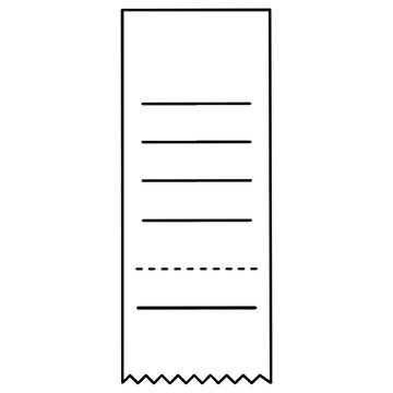 Receipt in clean outline style with long paper shape, horizontal text lines, dashed separator and zigzag torn edge. Perfect for shopping designs, payment icons, billing concepts, expense tracking.