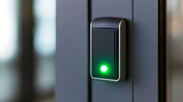 Access control card reader with glowing green light indicator mounted on modern office building door frame for secure entry and permission system
