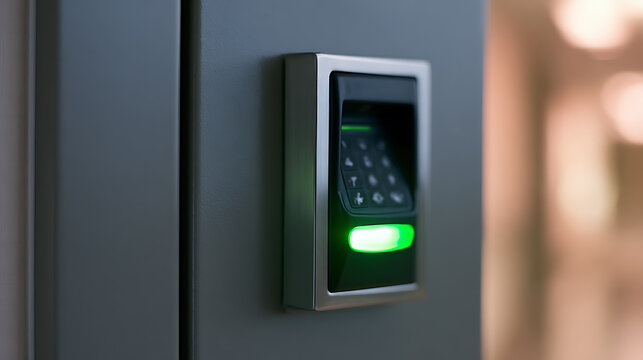 Biometric fingerprint scanner and keypad access control device mounted on a grey wall with a bright green status light indicating success