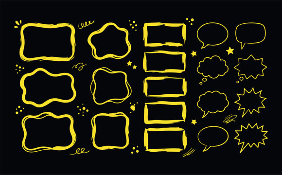 Yellow hand drawn abstract shapes and speech bubbles for creative design on black background vector.