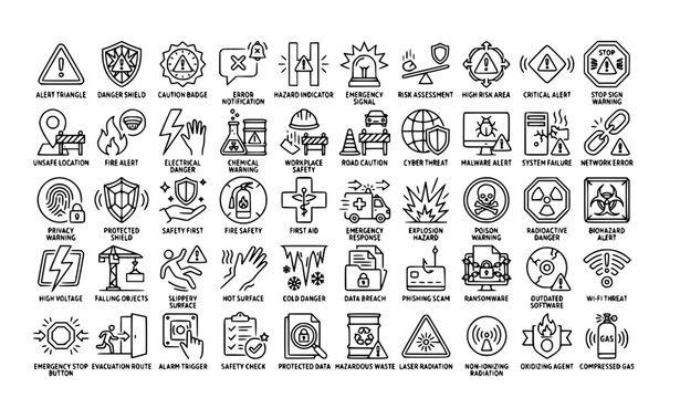 Warning Hazard Alert Error Safety Protection Line Icon Collection
