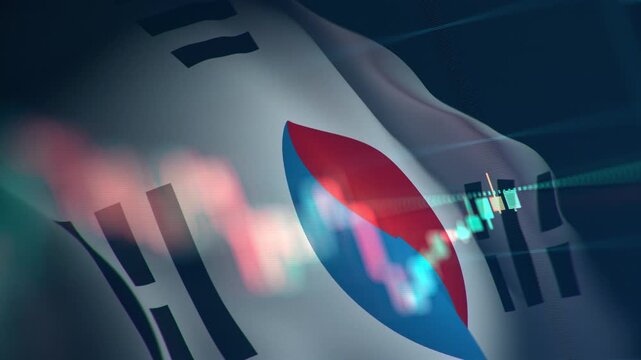 A dynamic timelapse video featuring fast moving stock market candlestick bars blended with a waving South Korean flag, representing South Korea economy, Kospi financial markets, and Asian trading.