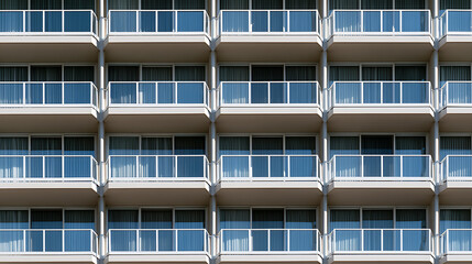 Obraz premium Modern hotel architecture facade detail with symmetrical rows of identical balconies and glass windows for commercial real estate concept