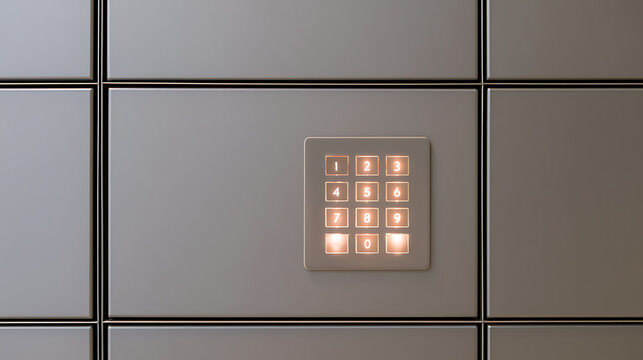 Modern electronic locker system with illuminated numeric keypad for secure package delivery, parcel pickup service station, automated storage