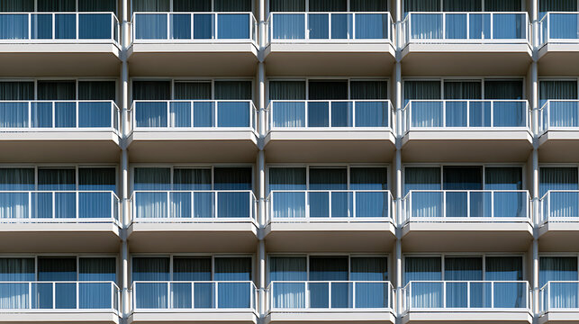 Modern hotel architecture facade detail with symmetrical rows of identical balconies and glass windows for commercial real estate concept
