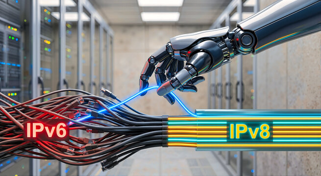 Futuristic robotic arm redirecting a glowing blue cable from congested red IPv6 to organized gold and teal IPv8. Modern data center server room network upgrade concept