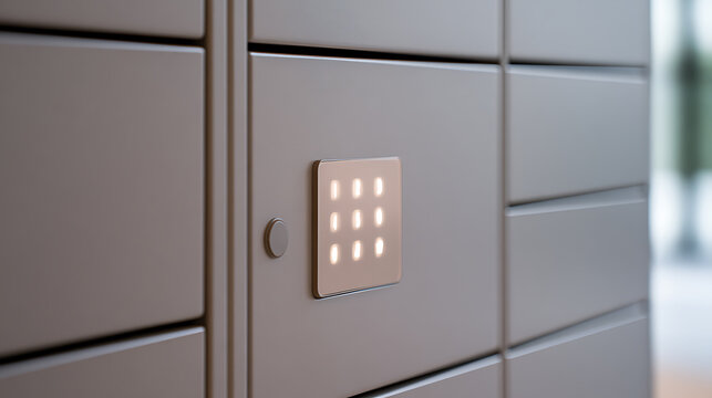 Modern electronic parcel locker bank with illuminated numeric keypad for secure package delivery and retrieval in commercial urban settings