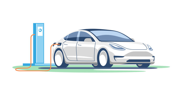 Electric car charging battery at electric gas station. Green technology. Alternative eco fuel. Vehicle recharge. Electrical charger. Vector illustration.	