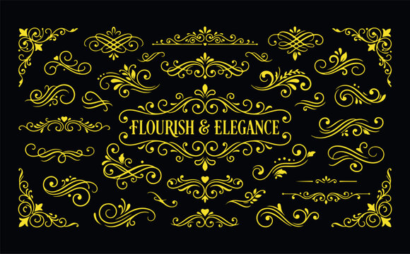 Elegant yellow decorative flourish elements and borders for classic vintage design and invitations.