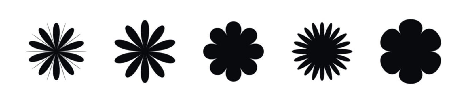 Collection of five stylized black flower silhouettes on a white background