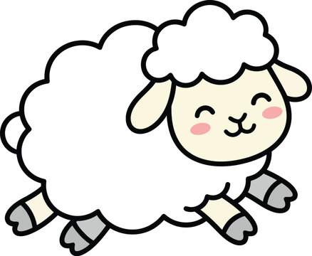 Cute cartoon fluffy sheep jumping happily isolated on a white background