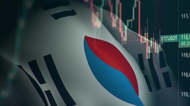 A dynamic timelapse video featuring fast moving stock market candlestick bars blended with a waving South Korean flag, representing South Korea economy, Kospi financial markets, and Asian trading.