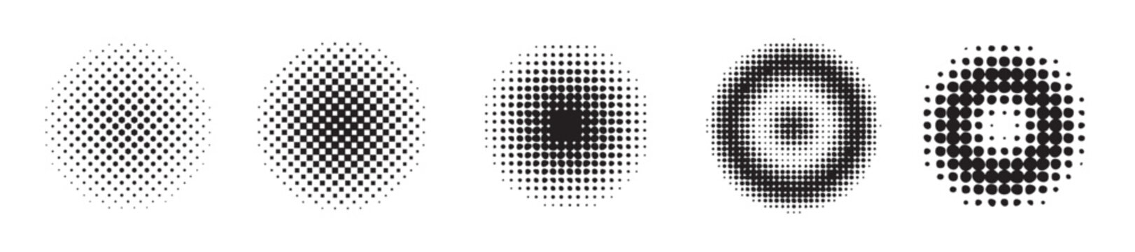 Collection of five abstract halftone patterns with varying dot density and shapes