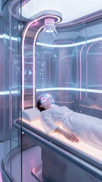 Woman undergoing face recognition scan in futuristic capsule for security check. Biometric identification system for modern technology access control.