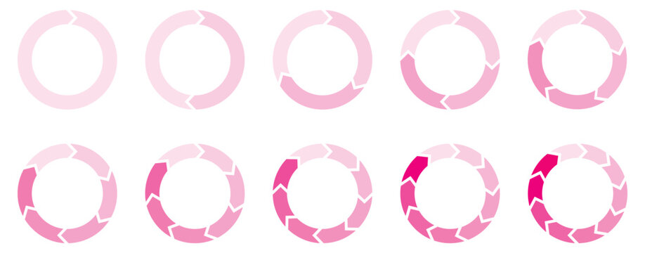 Colorful circle arrow charts. Multicolor spinning arrows, repeat circle combinations and reload icon vector set. Process chart, cycle diagram for business presentation, report, brochure.