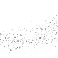 Obraz premium Diagonal trail of scattered silver and grey stars. Magical stardust pattern on white background. Festive confetti decoration with copy space