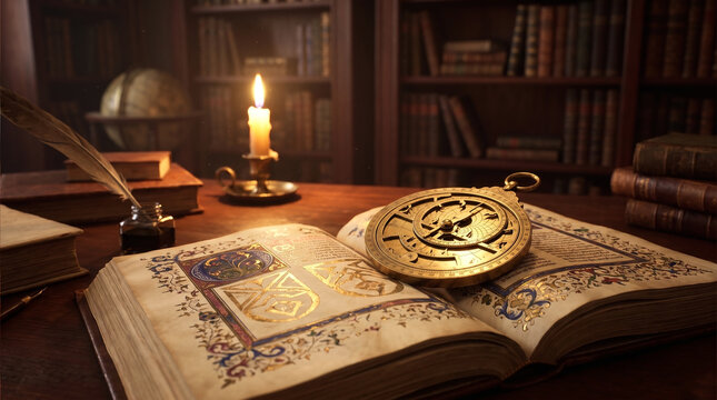 Antique brass astrolabe resting on an illuminated medieval manuscript in a dark classic library illuminated by candlelight