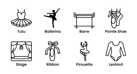 Ballet Icons Set: Tutu, Ballerina, Barre, Pointe Shoe, Stage, Ribbon, Pirouette, Leotard Vector Graphics for Dance and Performance © Zubaraj