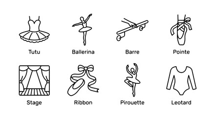 Ballet Icons Collection: Tutu, Ballerina, Barre, Pointe Shoes, Stage, Ribbon, Pirouette, Leotard Vector Graphics for Dance and Performance Art © Zubaraj