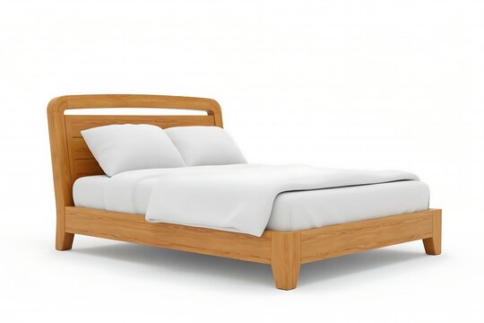 3D Cartoonish Modern Wooden Bed with White Linens Isolated on White Background