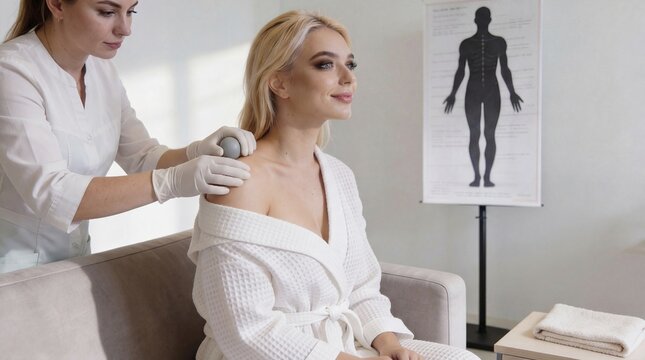 Woman spa therapist gives young woman a shoulder massage with a special tool. Wellness and beauty treatment for relaxation.