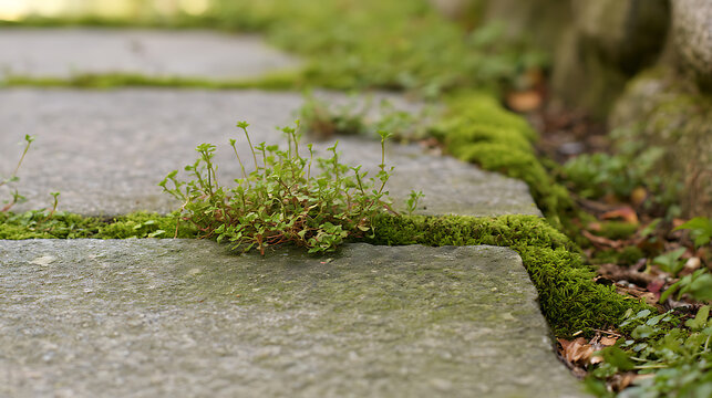 Close up view of green moss and small weed plants, common chickweed Stellaria media, growing between old grey stone flag floor pavement