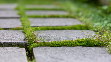 Obraz premium Stone pathway with lush green moss growing between pavers in a peaceful garden setting, perfect for nature and landscape design projects