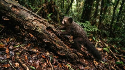 Fototapeta premium Lemur Climbing Forest Tree: A solitary lemur with dark fur and a long tail ascends a moss-covered fallen log in a dense, vibrant rainforest, its eyes wide with curiosity and alertness.