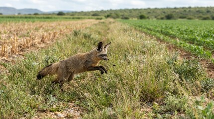 Obraz premium Bat-eared Fox on the Hunt: A unique bat-eared fox with large, distinct ears is captured in motion as it runs through a dry, grassy field bordered by cultivated land.