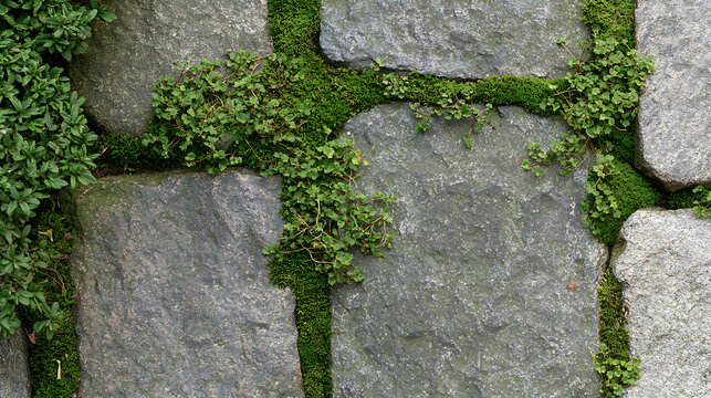 Close-up view of old stone pavement with green moss and small plants growing in cracks, creating a natural and peaceful garden atmosphere