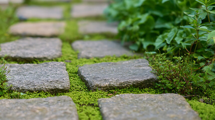 Obraz premium Stone pathway with lush green moss and plants in a peaceful garden setting, close-up view of natural stone steps outdoors in daylight