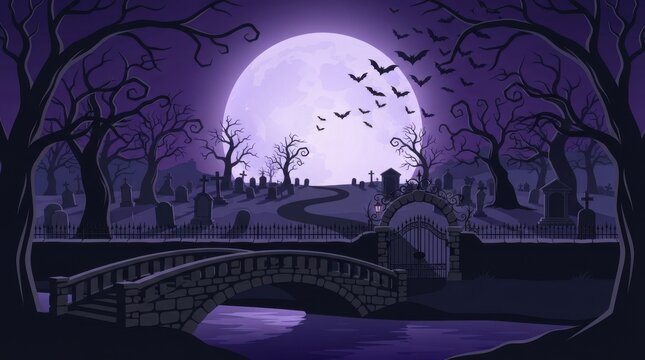 Spooky halloween graveyard scene with full moon and bridge