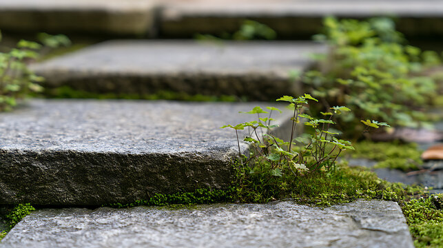 Stone pathway steps with lush green moss and small plants in a tranquil garden setting, featuring soft focus and natural daylighting