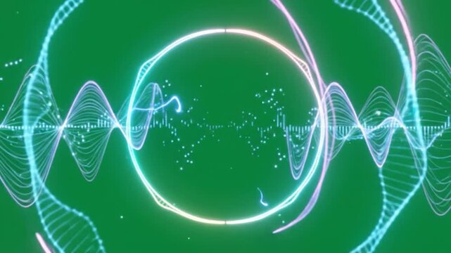 Neon circle audio spectrum visualizer moving on green screen background with glow effects.
