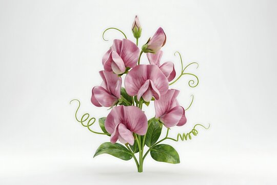 3D Cartoonish Pink Sweet Pea Flower Cluster with Delicate Petals and Textured Green Leaves Isolated on White Background